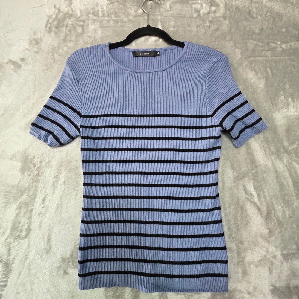 ZESICA Womens XL Blue Black Striped Ribbed Knit Short Sleeve Crew Neck Top